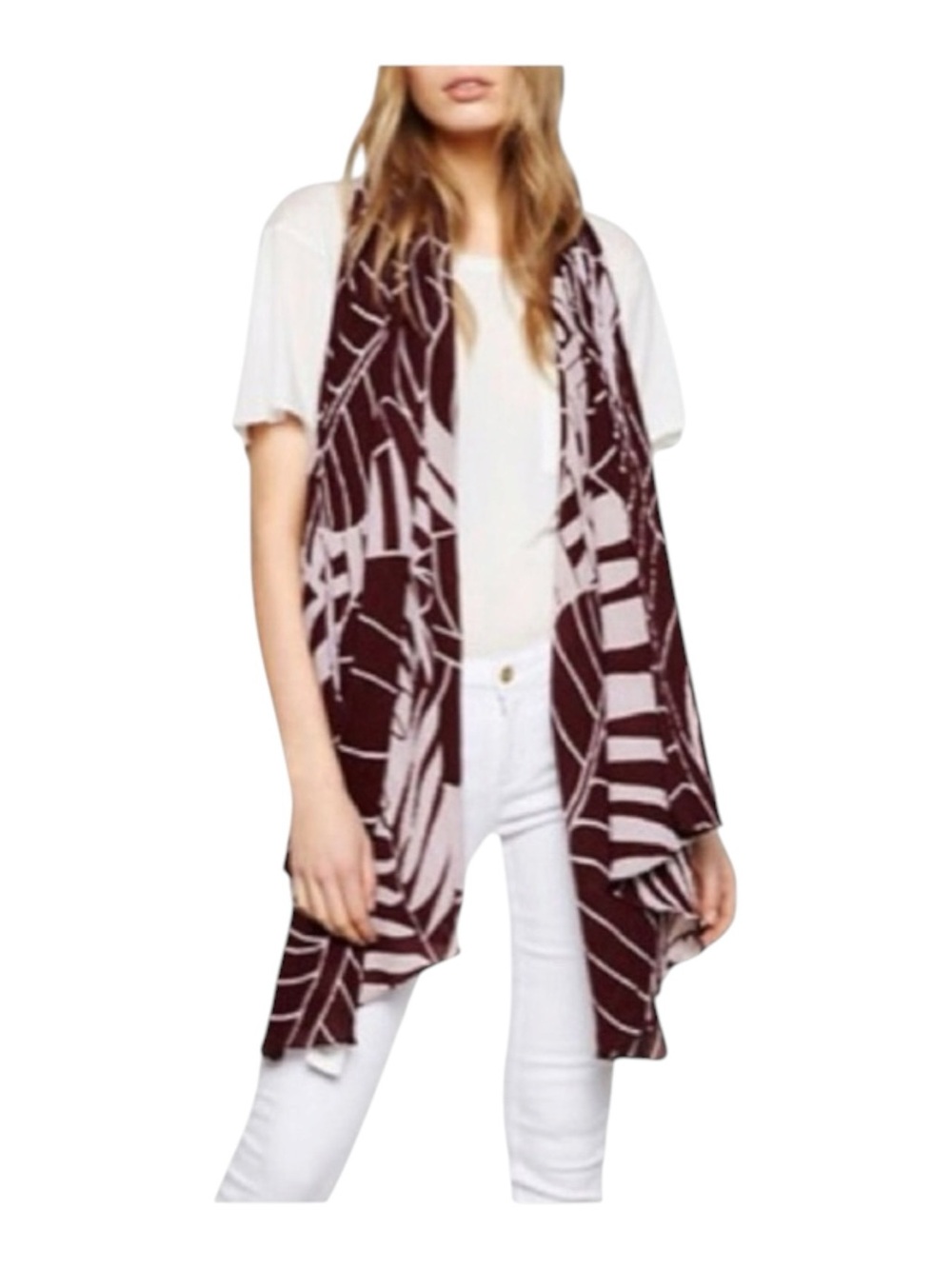 new Liebeskind Berlin 𑁍 Woven Jungle Leaf Print Scarf 𑁍 Wine 𑁍 Made in India - Picture 4 of 16